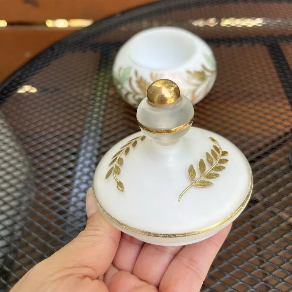 Vintage French Country Rose Jewelry Covered Trinket Dish Frosted Glass Goldleaf